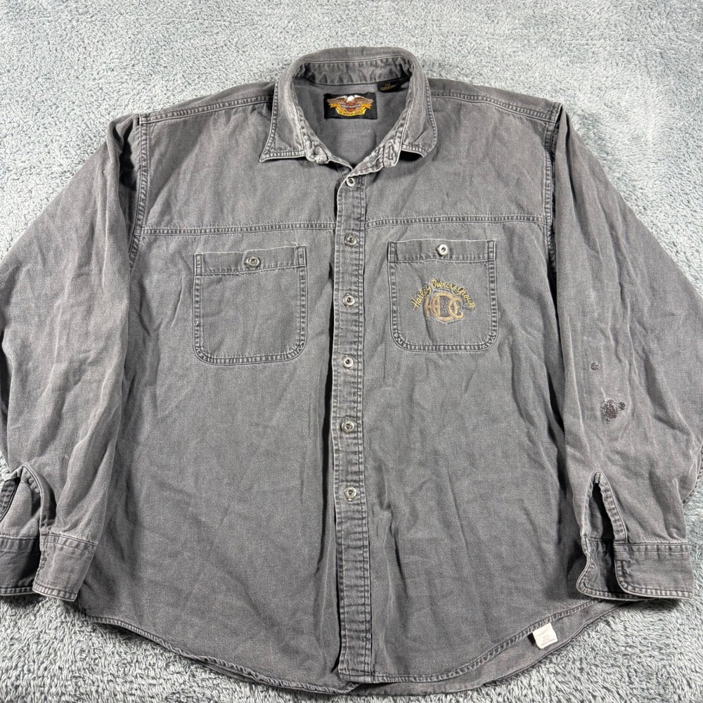VTG Harley-Davidson Canvas Button Shirt Mens 2XL Gray Embroidered Workwear USA